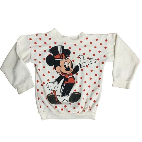 Vintage 80s Disney Mickey Mouse Sweatshirt 6X White Polka Dot Crewneck Pullover - Picture 1 of 6